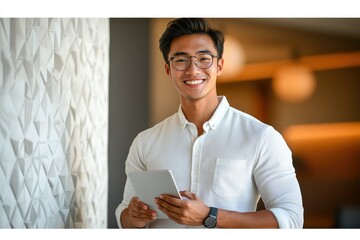 Poster - A smiling Asian man in a white shirt holds a tablet, conveying professionalism and technology.