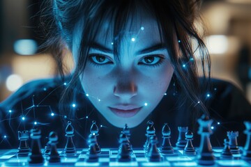 Leinwandbilder - A young woman intensely focused on a chessboard, illuminated by glowing digital connections, symbolizing strategic thinking and technological integration.