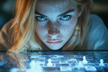 Poster - A young woman intensely focuses on a holographic chessboard displayed on a futuristic device.