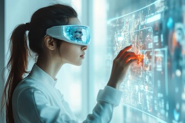 Poster - Woman wearing futuristic glasses interacts with a holographic interface, showcasing advanced technology.