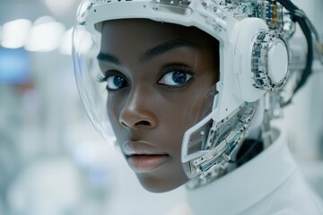 Fototapete - Close-up portrait of a young Black woman wearing a futuristic helmet, showcasing technological integration and a blend of human and machine aesthetics.