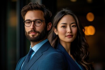 Poster - A portrait of a man and a woman in business attire, showcasing professionalism and success.