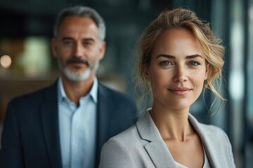 Poster - Confident businesswoman and her male colleague in a modern office setting.