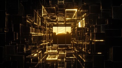 Golden digital cyberspace labyrinth glowing technological network geometric pattern abstract background with future technology perspective