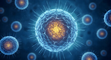Poster - Abstract Virus Cell Render with Golden Core and Blue Particles on Blue Backdrop