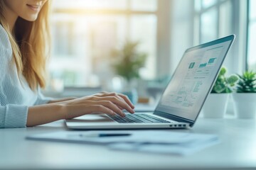 Fototapete - A woman working on her laptop, analyzing data and charts, showcasing remote work or business analysis.