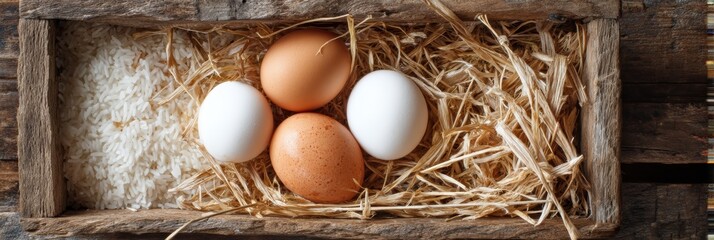 Poster - Raw Eggs Nestled in Rice Straw on an Old Wooden Tray Creating a Rustic and Natural Display of Farm-Fresh Ingredients Generative AI