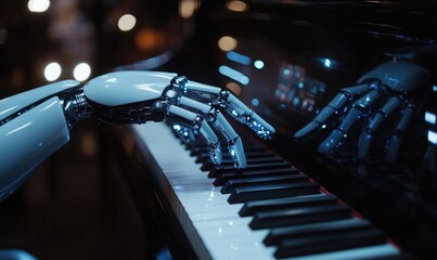 Poster - Robot playing piano in a dimly lit environment showcasing advanced technology and artistry