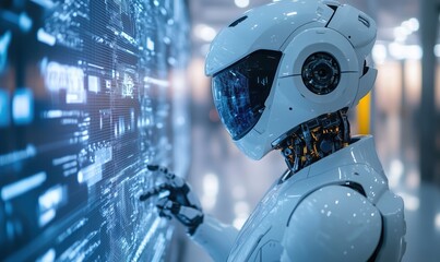 Poster - Futuristic humanoid robot interacting with digital interface in high-tech environment