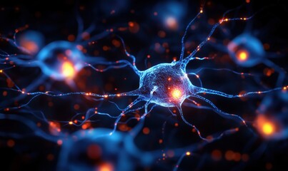 Poster - Neurons in a neural network illuminated with glowing synapses and connections