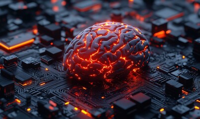 Poster - Artificial intelligence brain on circuit board with glowing connections and technology theme