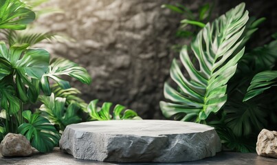 Poster - Natural stone pedestal surrounded by lush tropical foliage and textured background