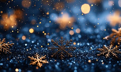 Poster - Beautiful golden snowflakes on sparkling blue background with bokeh lights for winter