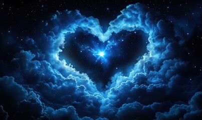 Poster - heart-shaped clouds illuminated by starry night sky and cosmic light