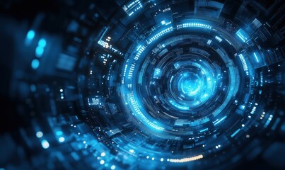 Poster - Futuristic digital tunnel with glowing blue lights and intricate circuit patterns