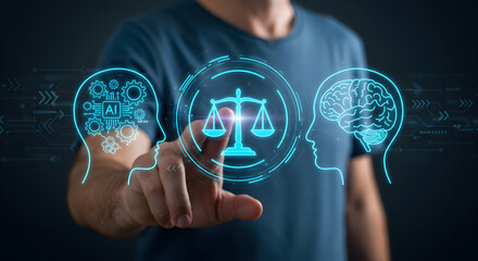 Aufkleber - Midsection of Man Touches Scales of Justice with Head Silhouettes in Futuristic Digital Blue Illustration