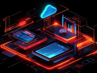 Poster - abstract illustration of connected digital components with cloud and data flow elements