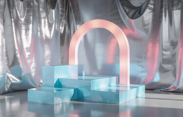 Poster - A pastel blue geometric display sits before shimmering iridescent curtains.  A peach-toned archway frames the scene, casting soft light.  The reflective surfaces create an ethereal mood.