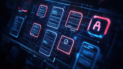 Poster - abstract digital display with glowing documents and interface elements