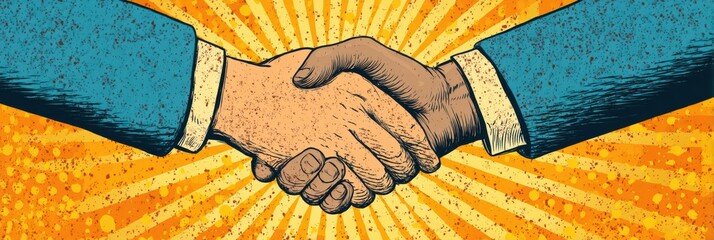 Leinwandbilder - Stylized Handshake Design With Burst Background Emphasizing Collaboration and Unity in a Vibrant Setting Generative AI