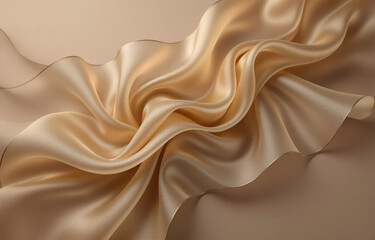 Poster - Luxurious champagne-colored silk fabric dramatically draped and swirling, creating elegant folds and curves against a muted beige background.  The image evokes a sense of opulence and sophistication.