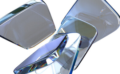 Poster - Abstract 3d black background wallpaper with glass transparent square plate shapes and crystal light iridescent holographic neon gradient. Render digital graphic design tech banner