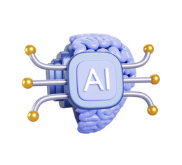 Fototapete - AI brain chip 3d render icon. Artificial intelligence neural implant, future technology. BCI system or brain computer interface. Human mind with microchip isolated on white background