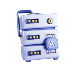 Fototapete - 3d Artificial intelligence server with ai chip icon render. Virtual cloud gpu server for big data processing, neural network, machine learning, deep analytics and secure storage