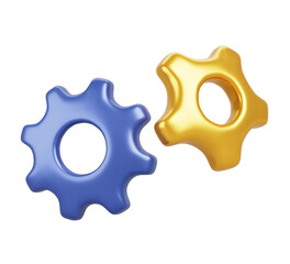 Poster - Gold and blue gears 3d render icon. Service settings symbol, technical support, maintenance and repair concept. Realistic cogwheels, isolated design element for mobile app, web design