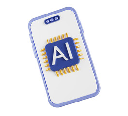 Fototapete - 3d smartphone with ai chip icon on screen render. Mobile phone with artificial intelligence processor gpu for deep learning, analysis, computing, data transfer and storage interface