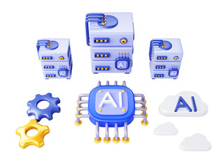 Fototapete - 3d Artificial intelligence technology banner. AI computer server, cloud computing, microchip render blue background. Machine learning, big data, infrastructure cloud platform service
