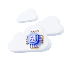 Fototapete - AI cloud service 3d banner. Artificial intelligence cloud computing infrastructure technology with chip render. Concept of algorithms, machine learning, analysis and storage big data
