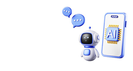 Fototapete - GPT customer service 3d banner. Mobile chatbot app with ai chip on screen, robot bot, speech bubble chat. ChatGPT technology online communication, support with artificial intelligence