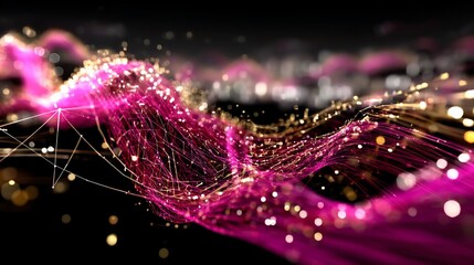Poster - Abstract digital artwork featuring flowing, interconnected particles in vibrant pink and gold, against a dark backdrop.  Intricate network of connections