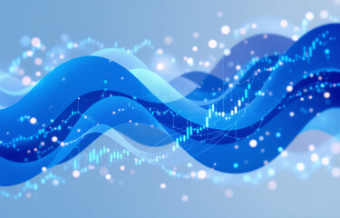 Poster - Abstract flowing blue waves with embedded candlestick charts, suggesting financial market trends and data visualization.  Sparkling particles add a dynamic feel.