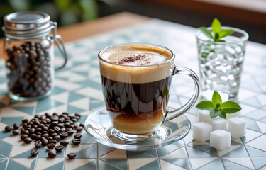 Poster - Aromatic coffee in a clear glass mug, rests on a patterned surface alongside coffee beans, sugar cubes, and refreshing mint.