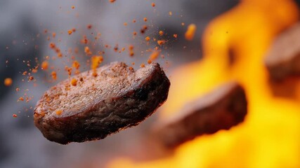 Wall Mural - A piece of meat is falling into a pile of hot coals. Concept of excitement and anticipation as the meat cooks and falls into the fire
