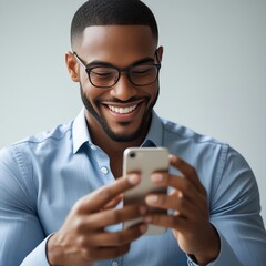 Smiling man using smartphone