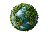 Vibrant green Earth globe covered in trees and water, isolated on transparent background. Nature, Environment, Ecology.