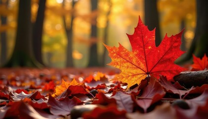 Wall Mural - Vibrant red and yellow maple leaves on a forest floor , crisp, seasonal, maple leaf