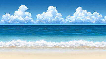 Wall Mural - serene beach scene featuring gentle waves lapping at shore under clear blue sky filled with fluffy white clouds. tranquil atmosphere evokes sense of peace and relaxation