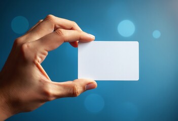 Poster - A hand holds a blank white card against a blue background with soft circular light effects