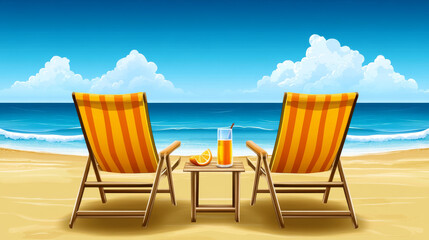 Wall Mural - relax on sunny beach with two striped lounge chairs facing ocean, accompanied by refreshing drink on