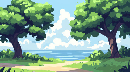 Wall Mural - serene summer landscape featuring lush green trees framing tranquil ocean view. bright blue sky is dotted with fluffy white clouds, creating peaceful and inviting atmosphere