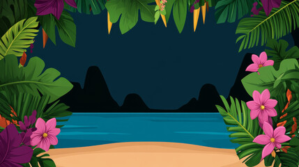 Wall Mural - vibrant tropical beach scene framed by lush green foliage and colorful flowers, evoking sense of paradise and relaxation. dark background highlights serene water and distant mountains