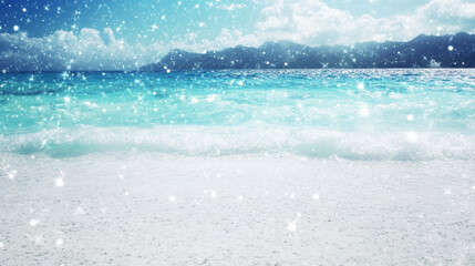 Wall Mural - serene beach scene featuring tranquil ocean with gentle waves, sparkling water, and bright sky filled with fluffy clouds. atmosphere evokes sense of calm and relaxation, perfect for summer getaway