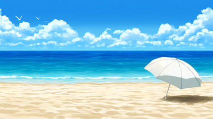 Wall Mural - serene beach scene featuring white umbrella on golden sand, with vibrant blue ocean and fluffy clouds in background, evokes sense of relaxation and tranquility