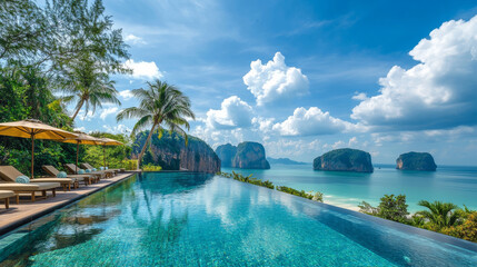 Wall Mural - stunning luxury infinity pool with loungers and umbrellas, surrounded by lush greenery and breathtaking ocean views, evokes sense of relaxation and tranquility