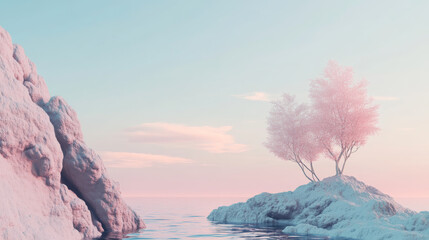 Wall Mural - serene landscape featuring tranquil body of water, soft pastel colors, and solitary tree on rocky island. scene evokes sense of calm and peacefulness, perfect for relaxation