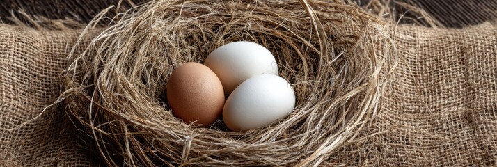 Poster - Realistic Straw Nest Containing White and Brown Eggs Displayed on Rustic Wooden Surface Generative AI